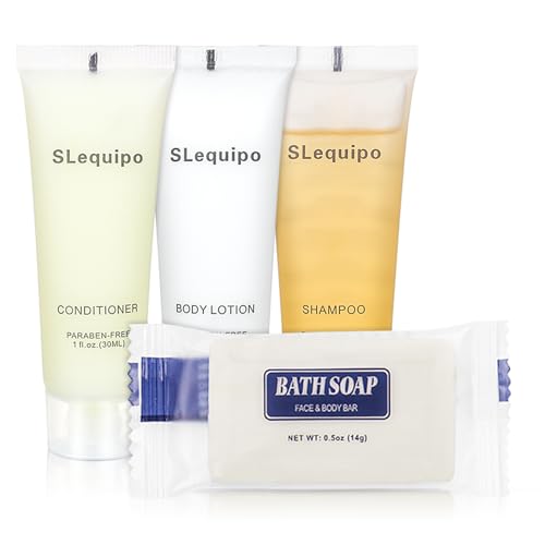4-IN-1 Hotel Toiletries Bulk Set (100PCS) 4-Piece Set: 25 Hotel Bar Soap 0.5oz, 25 Hotel Shampoo, 25 Conditioner Travel Size, 25 Hotel Body Lotion - Bulk Mini Guest Amenities