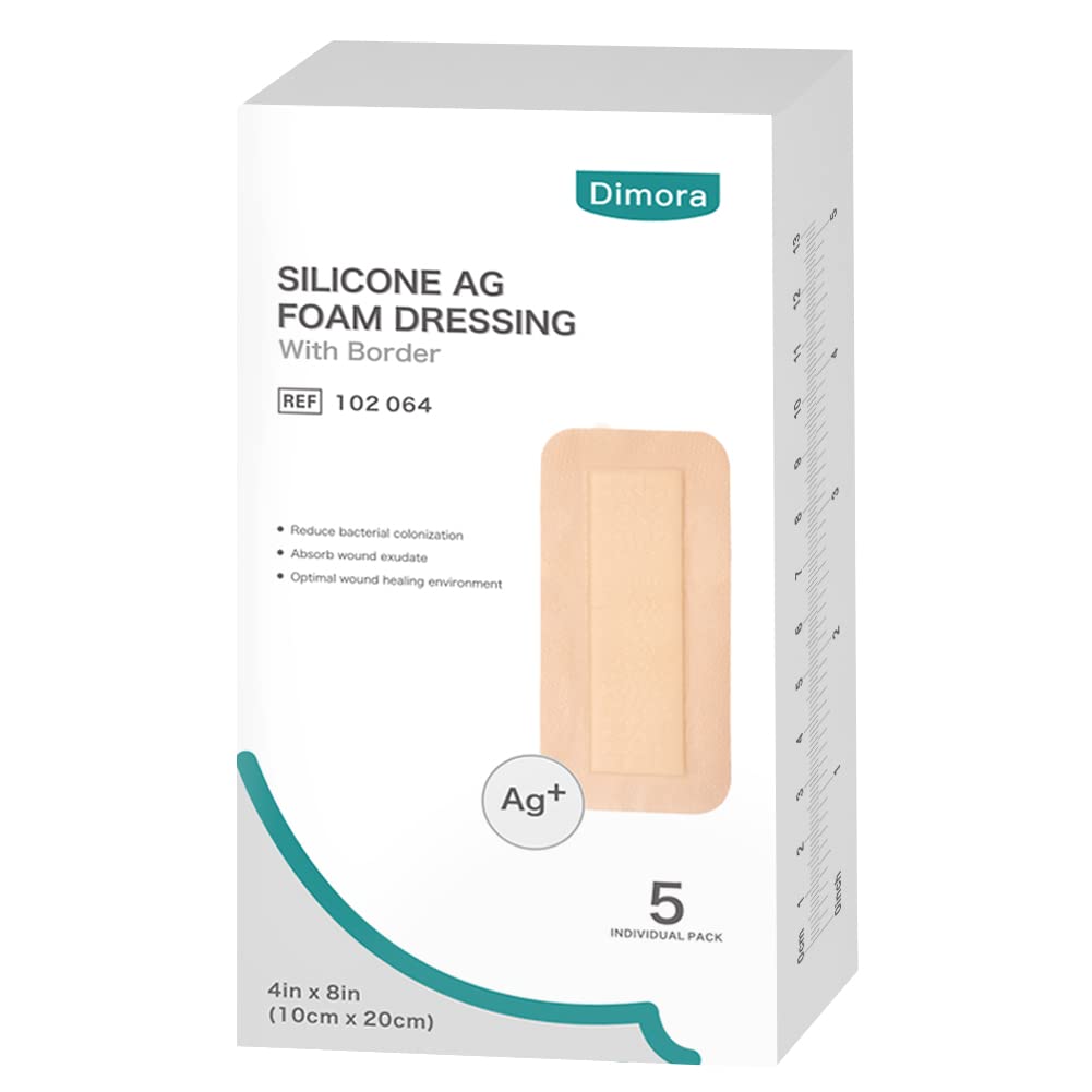 Dimora Silicone Foam Dressing Silver Ag 4"x 8" Adhesive Absorbent Bandage Pads 5 Packs