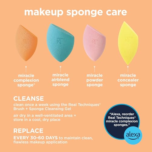 Real Techniques Sleigh The Night Mini Brush + Sponge 4 Piece Holiday Gift Set, Small Makeup Brushes For Travel, Makeup Sponge For Foundation & Concealer, Stocking Stuffer, Limited Edition, Latex-Free