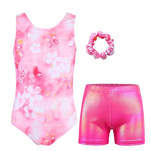 MODAFANS Gymnastics Leatards for Girls with Shorts Ballet Dance Set Activewear with Hair Scrunchie Butterfly Pink,4-5Years