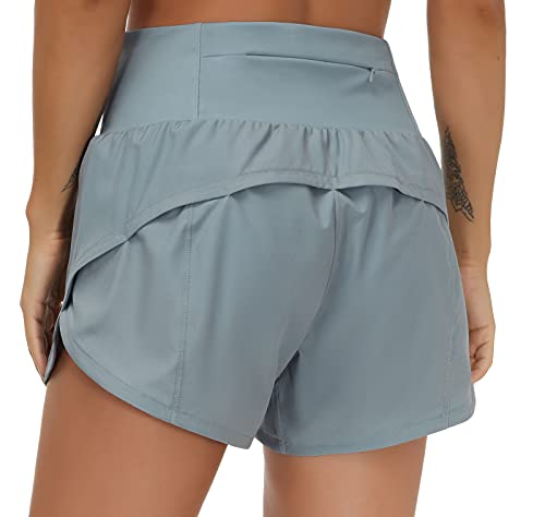 THE GYM PEOPLE Womens High Waisted Running Shorts Quick Dry Athletic Workout Shorts with Mesh Liner Zipper Pockets (Denim Blue, X-Small)