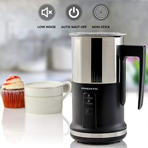 Ovente Electric Stainless Steel Milk Frother and Steamer, Portable Non Stick Milk Warmer Auto Shut-Off Function Hot and Cold Foam Perfect for Coffee Latte Cappuccino Hot Chocolate, Black FR1208B