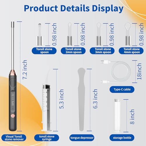 Tonsil Stone Remover with Camera,Tonsil Stone Removal Tool with LED Light,TonsilCleaner for Tonsil Stone Removal,Tonsillolith Removal Tool with 4 Head ,Attachments for iOS & Android (Black and Gold)