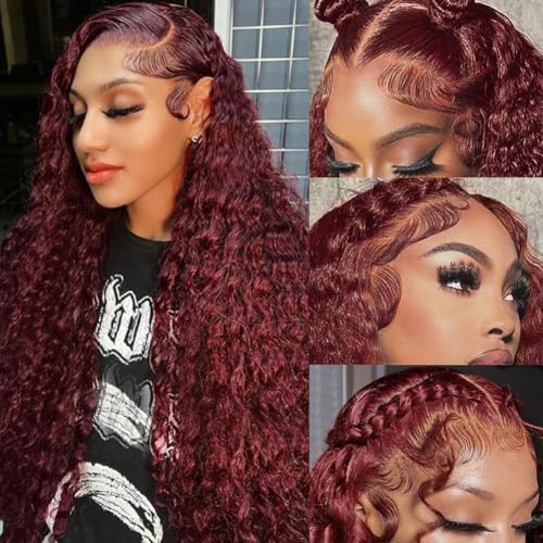 Reddish Brown Lace Front Wigs Human Hair 30 Inch Reddish Brown Curly Lace Front Wig 180 Density 33# Deep Wave 13x6 HD Lace Frontal Wigs Human Hair Pre Plucked for Women Auburn Colored Human Hair wig