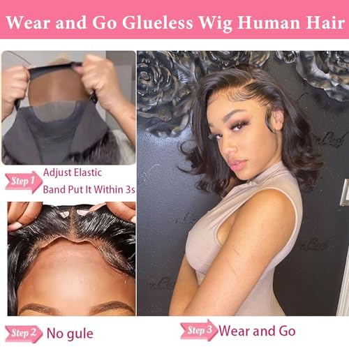 Wear and Go Glueless Bob Wig - Body Wave Lace Front Human Hair Wigs for Black Women - Pre Plucked and Pre Cut 4x4 Lace Closure - No Glue Needed for Beginners 12 Inch