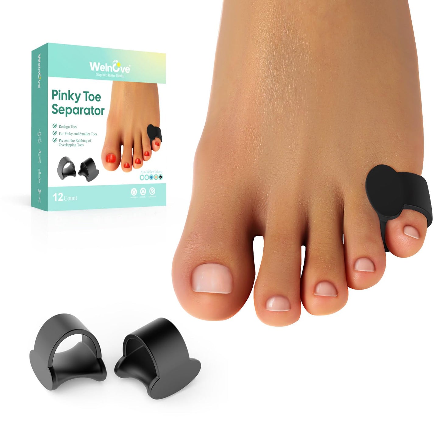 Welnove Pinky Toe Separator, 12 Pcs Black Gel Toe Spacers Bunion Corrector for Feet Women and Man, Little Toe Cushions for Curled Overlapping