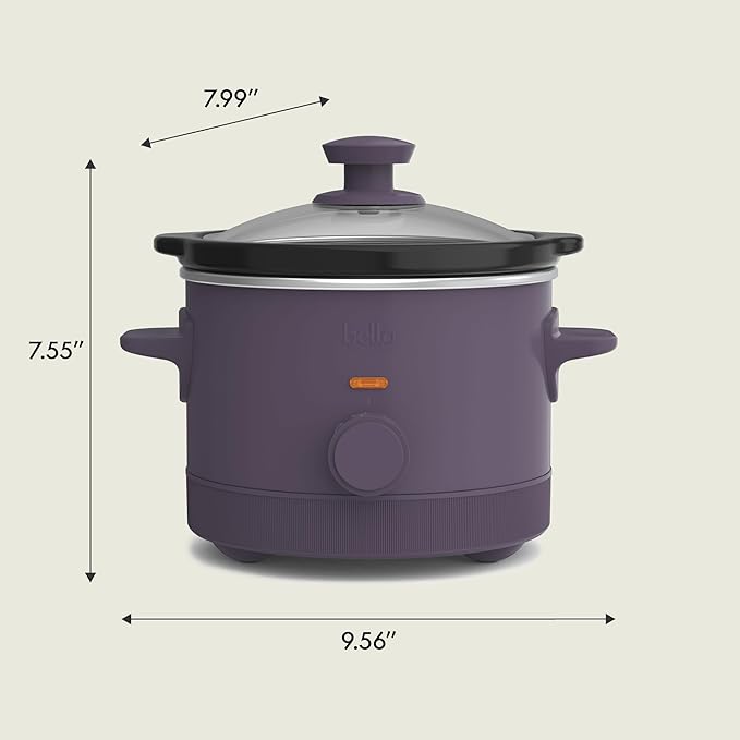 bella 1.5 Qt Slow Cooker with 3 Heat Manual Control, EverGood™ Ceramic Nonstick Coating, Dishwasher Safe Stoneware Pot and Tempered Glass Lid, Tangle Free Cord Wrap & Cool Touch Handles, Plum