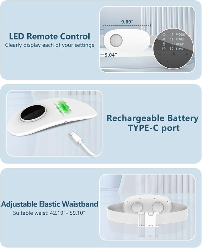 Heating Pad for Back Pain Relief-Lower Back Massager with Heat,Abdominal Belly Massagers with 6 Massage&16 Levels,3 Heated,Cordless Portable Travel Waist Wrap Belt,Mothers Day Gifts for Him Her
