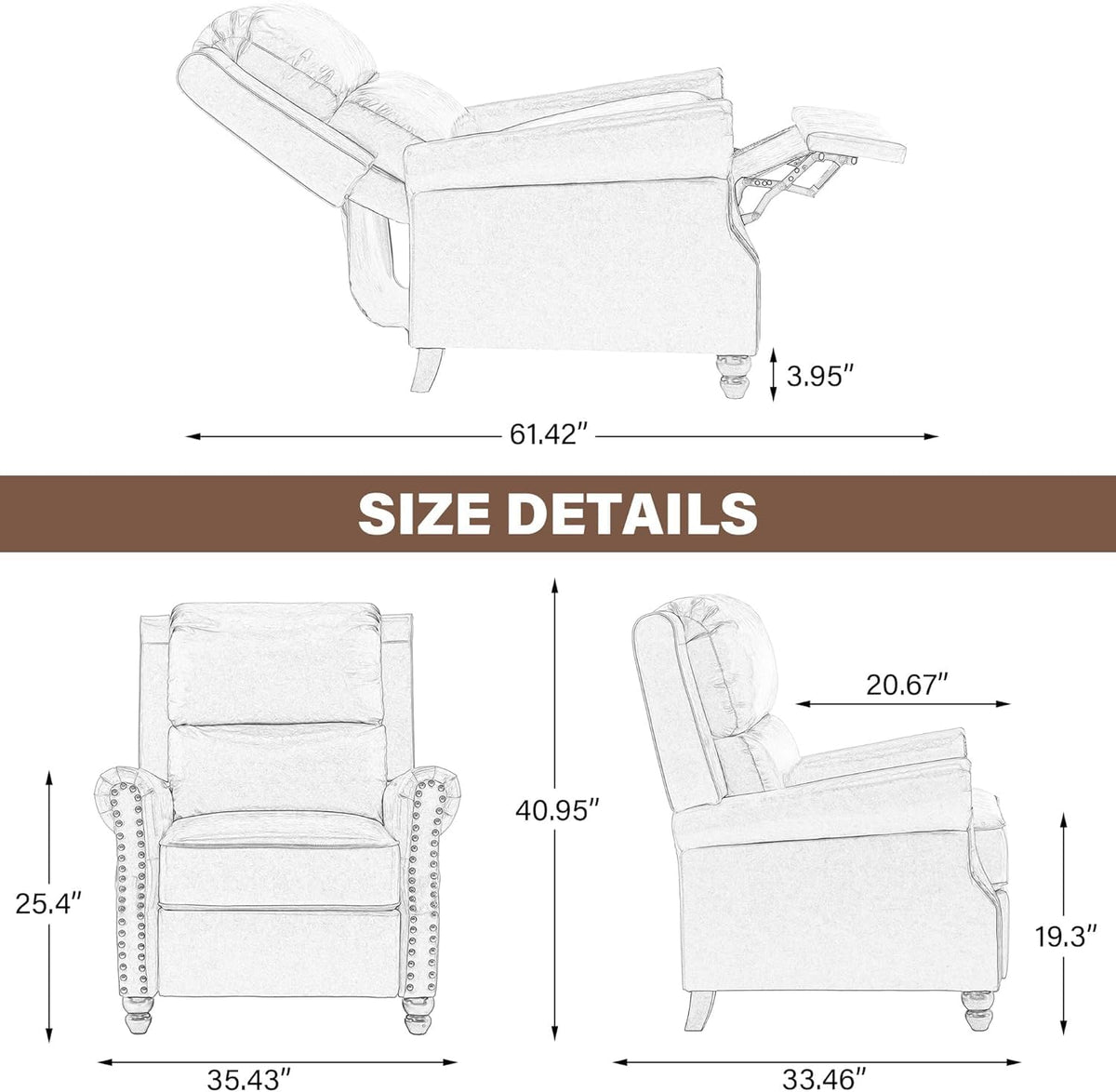 UIXE Pushback Recliner Chairs Set of 2, Fabric Armchair Push Back Accent Chair for Living Room, Rivet Trim Club Chair Overstuffed Home Theater Bedroom Reading Seat - Strip Navy