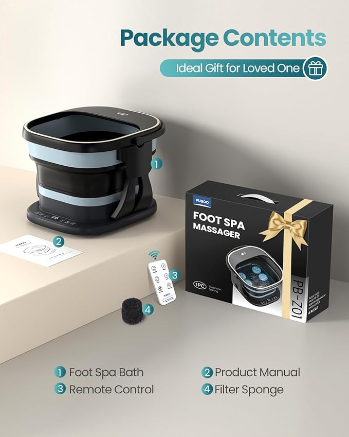 Puboo Collapsible Foot Spa Bath Massager with Heat for Stress Relief & Relaxation, 16 Motorized Massage Balls, Temp Control, Side Bars, Remote, Timer, Electric Pedicure Foot Soaking Tub, Gift Box