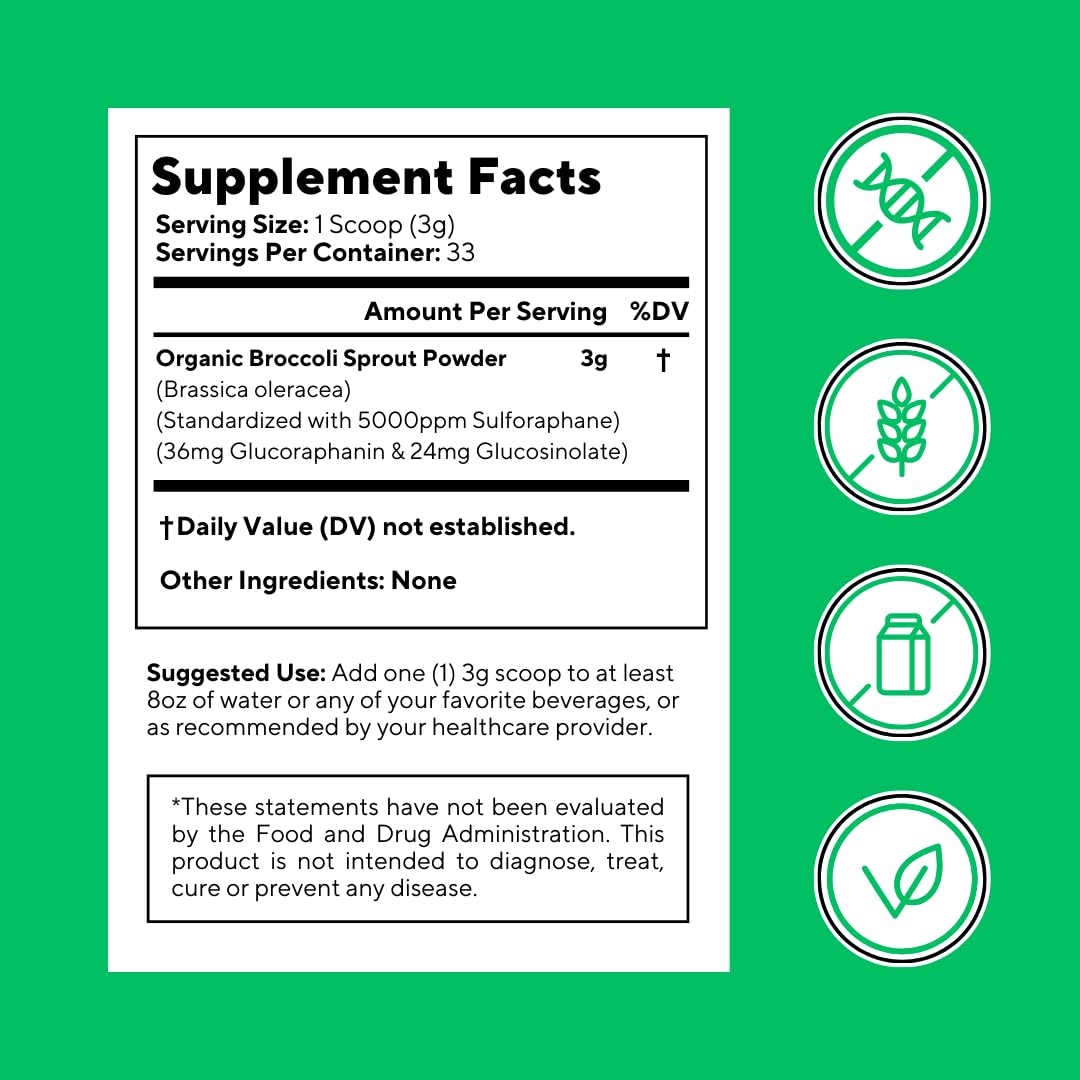 Vitapia Organic Broccoli Sprout Powder for Sulforaphane, Antioxidant, Brain, Skin, Heart Health Support - 100g Powder Supplement & 33 Day Supply - Non-GMO, Gluten-Free, Vegan-Friendly