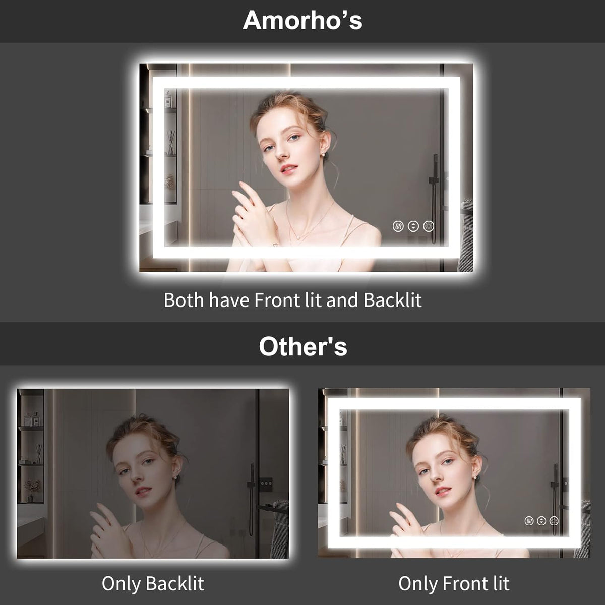 Amorho LED Bathroom Mirror 65" X36" with Front and Backlight, Stepless Dimmable Wall Mirrors with Anti-Fog, Shatter-Proof, Memory, 3 Colors, Double LED Vanity Mirror