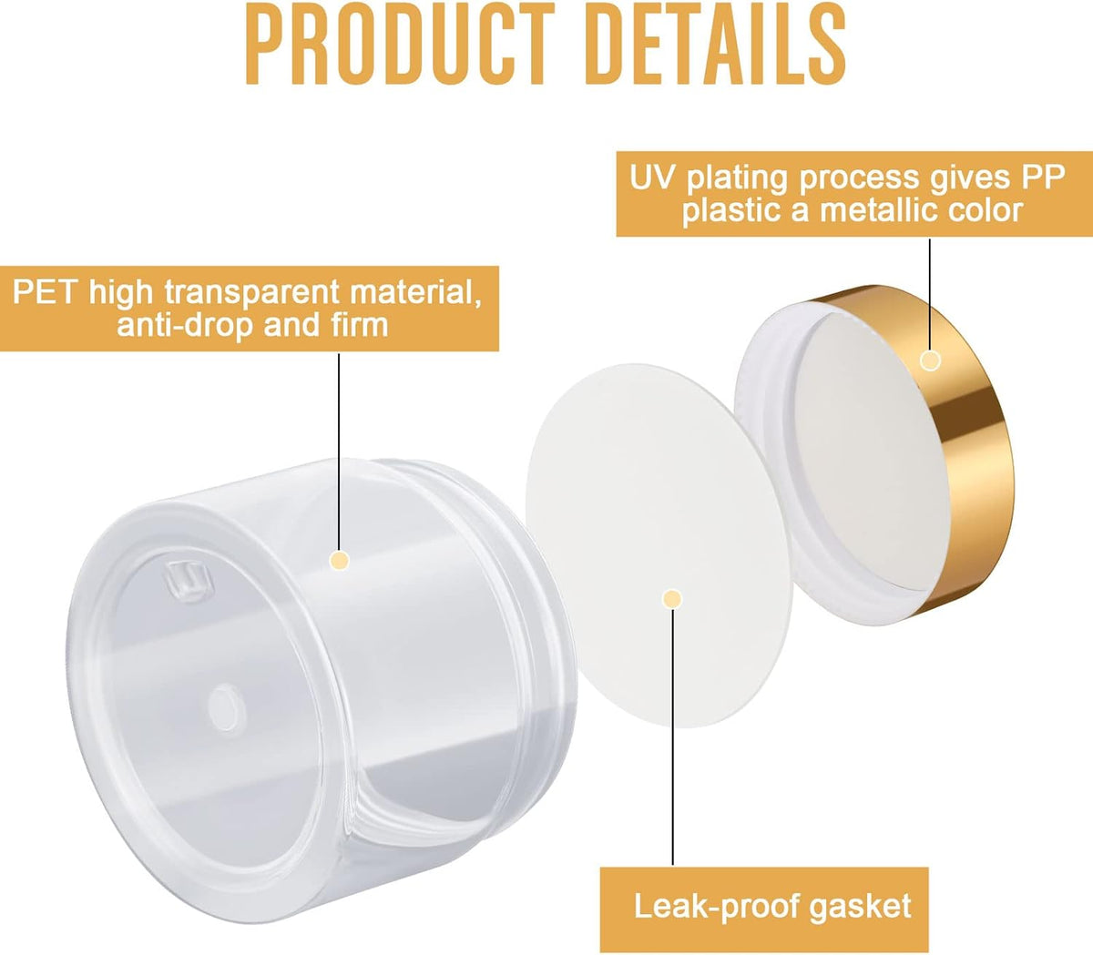 SATINIOR 100 Pcs Plastic Jars with Lids Small Containers Lids Wide Mouth Small Plastic Containers for Lotion Cream Rhinestones Body Butters Travel Storage(1 oz,Gold)