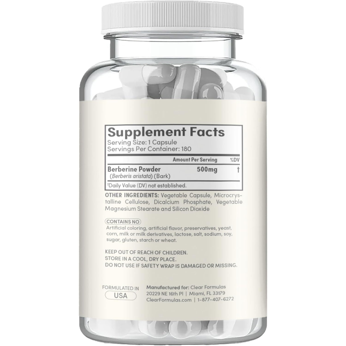 Clear Formulas Berberine Supplement 500mg - Lab Tested Berberine 500mg Value Size - Vegan Non-GMO Made in the US & Gluten Free (6 Months Supply)