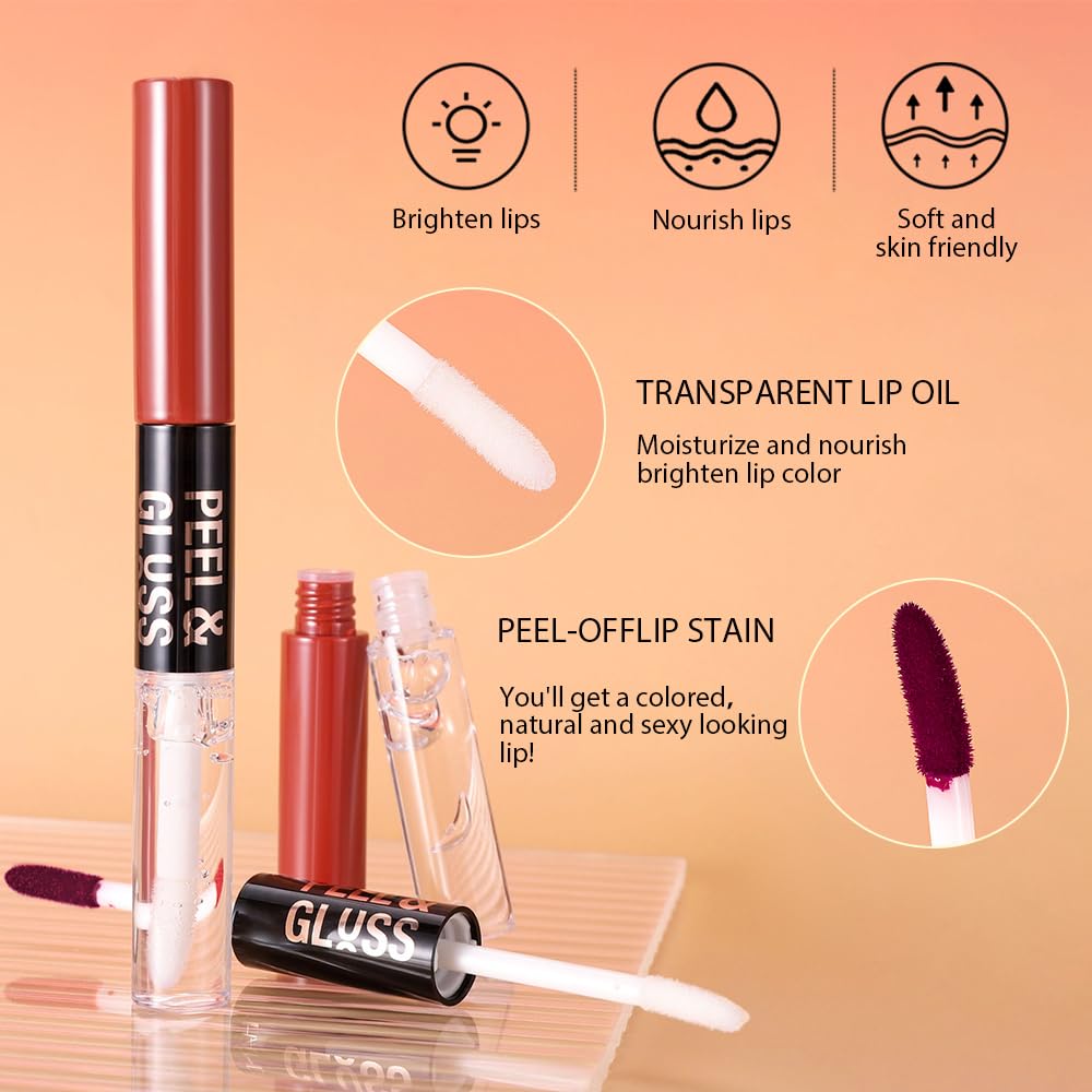 Vivid Apricot Lip Stain Peel Off Lip liner and Lip oil with Tweezer, Dual-Ended Peel Off Lip Stain Tattoo, Highly Pigmented Long Lasting Waterproof, Transfer-proof for All Skin Types, 01#