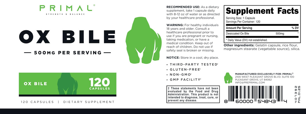 Primal Ox Bile (120 Capsules, 500 MG per Serving) - Gluten-Free, Non-GMO, Third-Party Tested