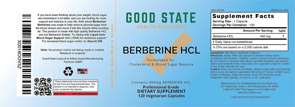 Good State Berberine HCL 400mg, 120 Vegetarian Capsules