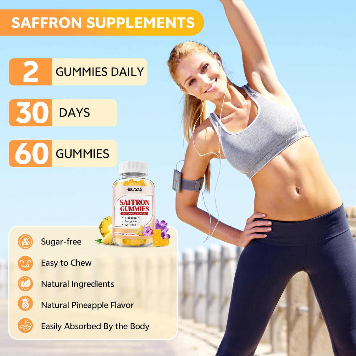 10-IN-1 Saffron Gummies, Sugar Free Saffron Supplements with Ashwagandha, L-Theanine, Rhodiola Rosea, Vitamin D3, B6, Magnesium & Zinc for Mood, Energy, Focus Support, Pineapple Flavor, 60 Count
