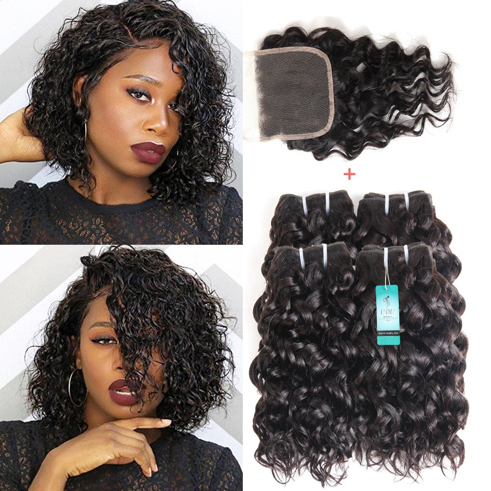 Water Wave Bundles with Lace Closure UDU 12A Wet and Wavy Human Hair Bundles with Closure 100% Unprocessed Human Hair Extensions Short Curly Remy Hair Weft with Free Part Closure 50g/bundle