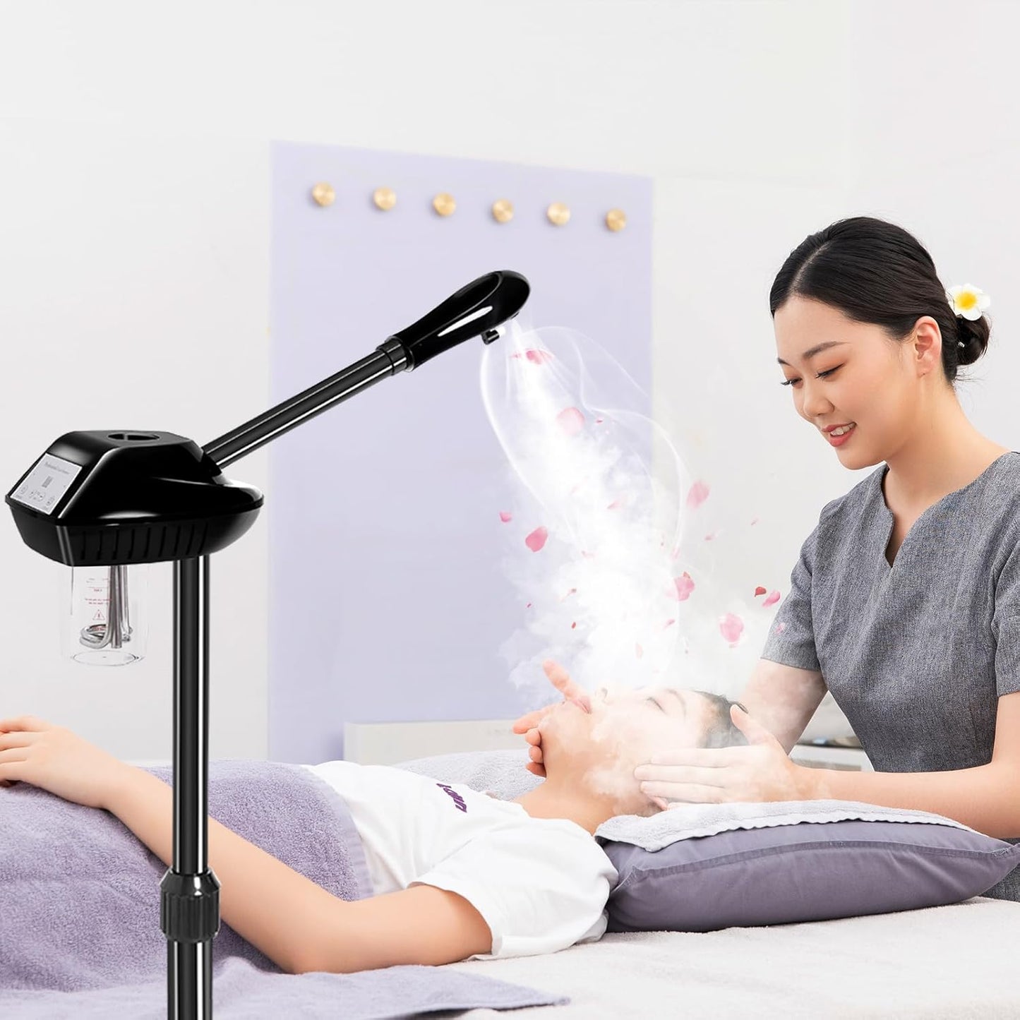 Professional Facial Steamer with More Steam for Deep Cleansing and Hydration, Face Steamer on Wheels with Time Setting, Estheticians Steamer Adjustable Height for Beauty, Spa and Home Use(Black)
