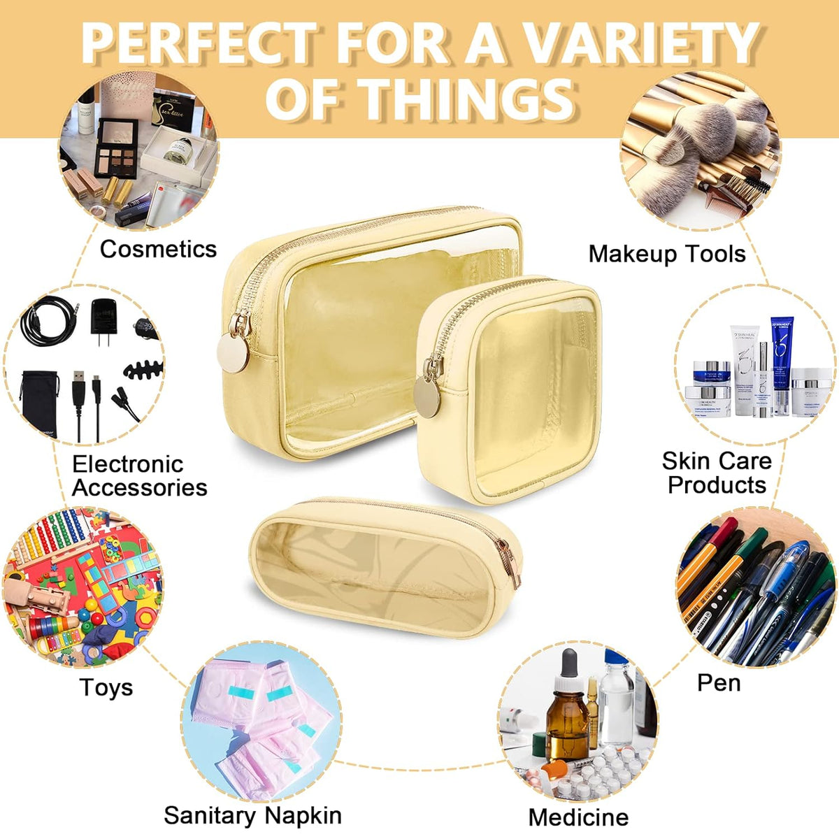 Clear Small Pencil Pouch Makeup Bag for Purse,Nylon&PVC Pencil Case Waterproof Makeup Brush Holder with Zipper,Preppy Transparent Pen Bag Travel Cosmetic Bag for Women Men Office(Slim-Beige)