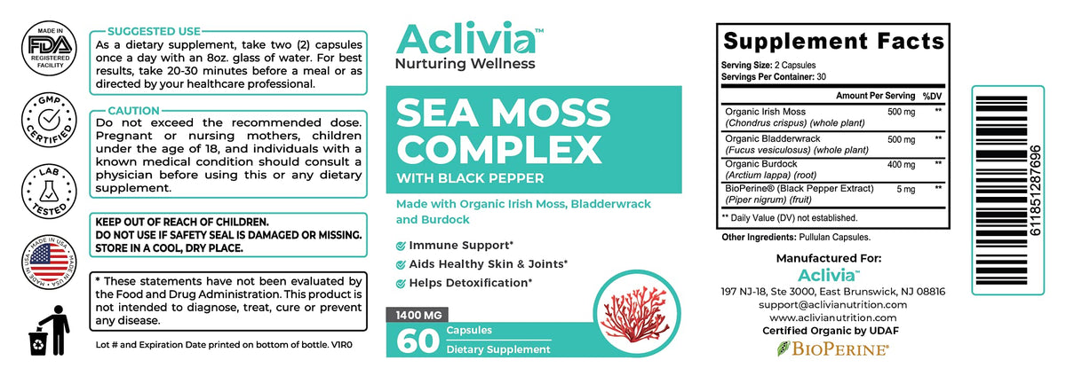 Aclivia - Organic Irish Sea Moss Capsules with Bladderwrack & Burdock Root - 102 Minerals Sea Moss Supplement - Thyroid Support, Immune Boost - Non-GMO (60 Count)