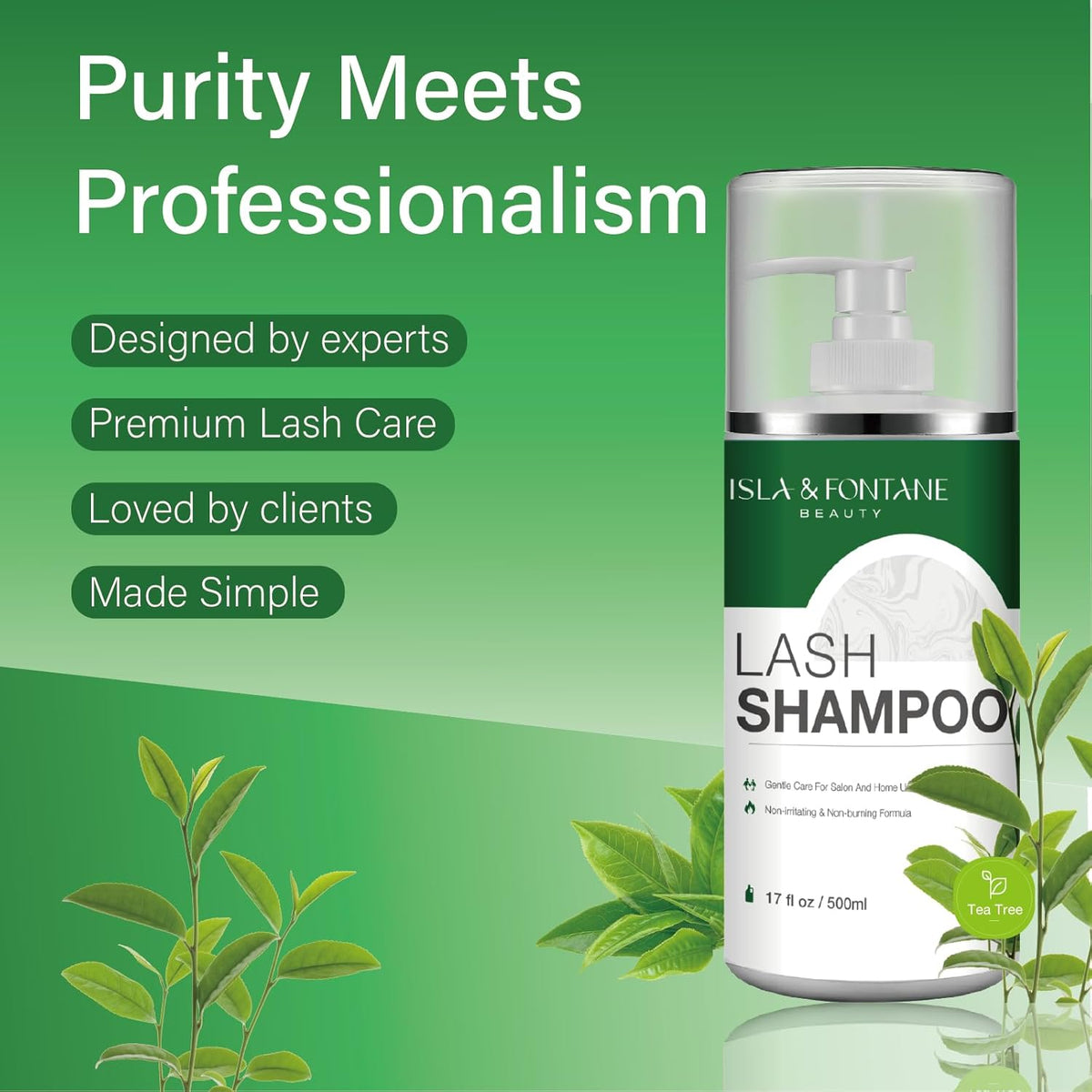 ISLA & FONTANE Lash Shampoo Bulk – Multi-Scent Series – 17 fl oz / 500ml | Gentle Eyelash Cleanser for Lash Extensions | Non-Irritating | Professional Lash Bath Foam For Salon And Home Use (Tea Tree)