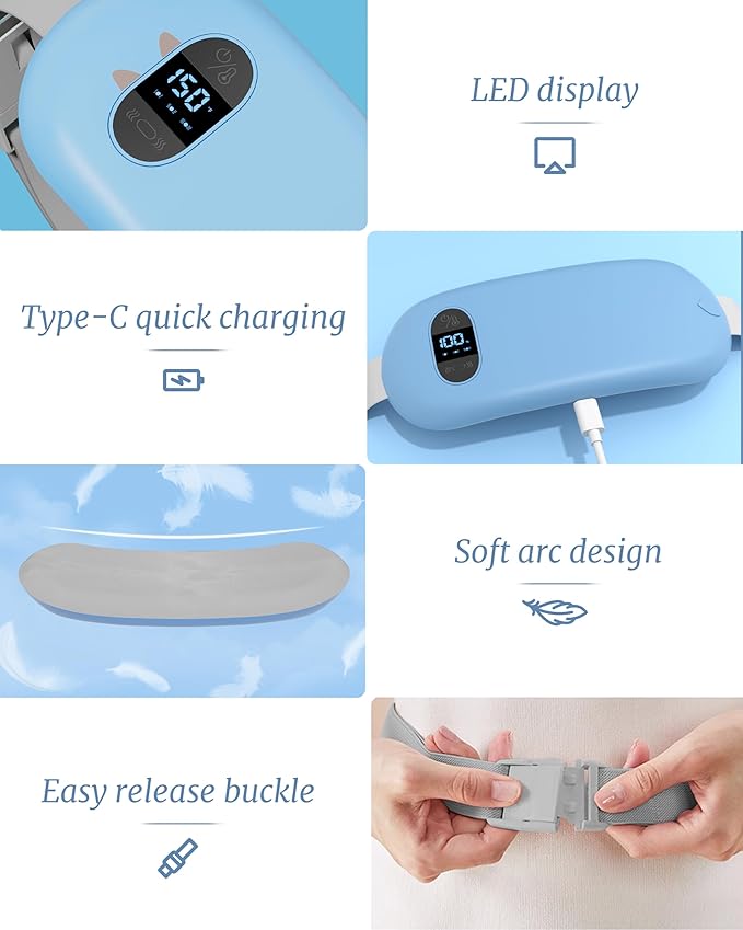 Portable Heating Pad for Cramps, Upgrade Cordless Electric Period Fast Heating Pad for Back Pain Relief Menstrual Belt 6 Heat 6 Massage Modes Gifts for Women Girls Her Girlfriend Blue