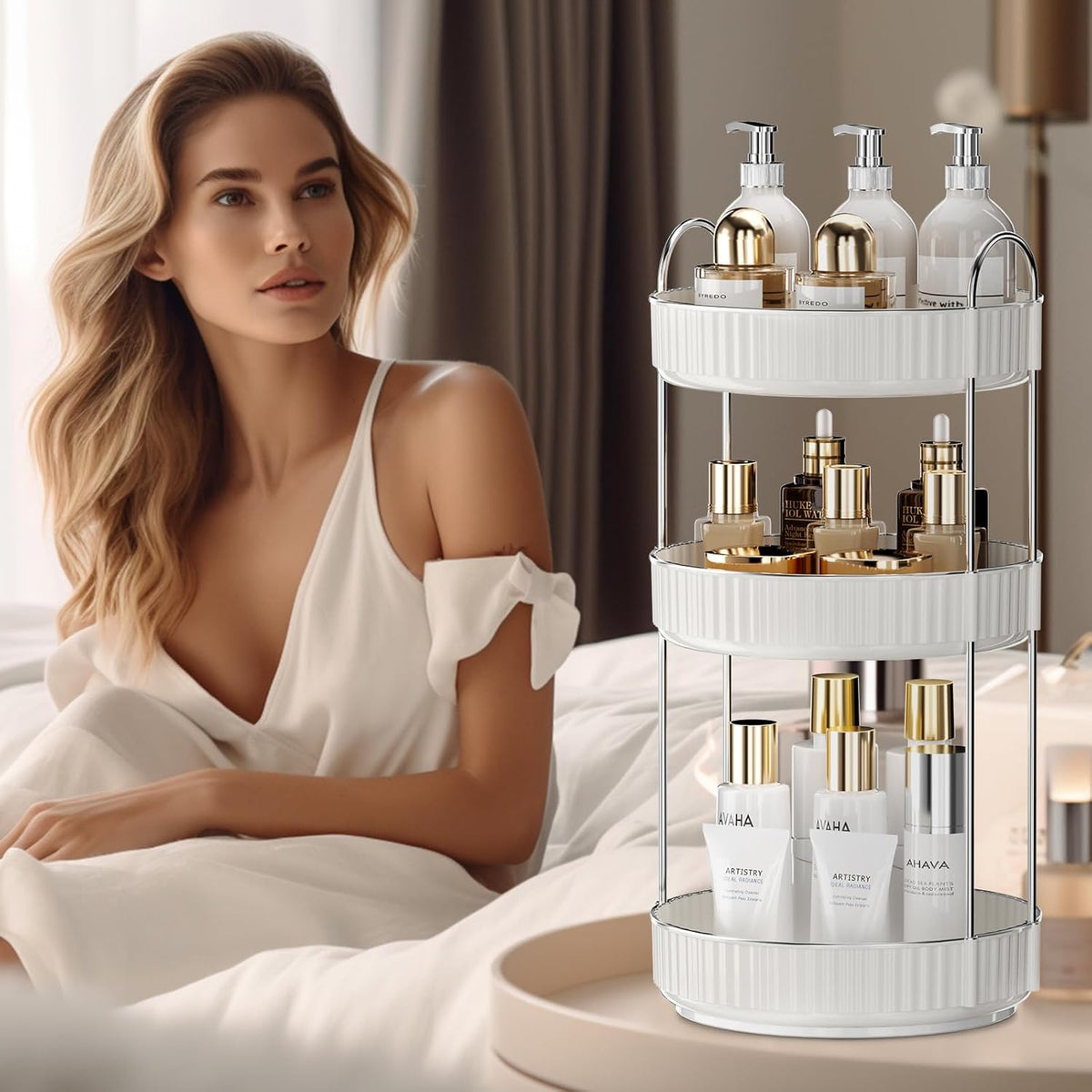 Rotating Makeup Organizer for Vanity,3 Tier High-Capacity Skincare Clear Make Up Storage Perfume Organizers Cosmetic Dresser Organizer Countertop 360 Spinning