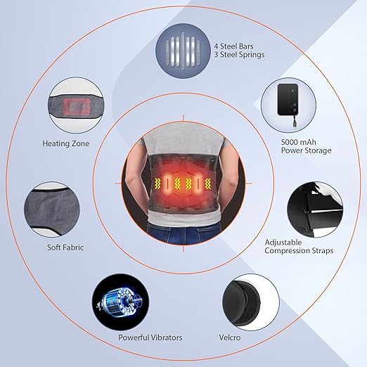 HONGJING Heated Back Massager Brace for Lower Back Pain Relief, Cordless Back Vibration Massage Belt with 3 Heating Modes and 4 Massage Modes for Sciatica and Scoliosis-L