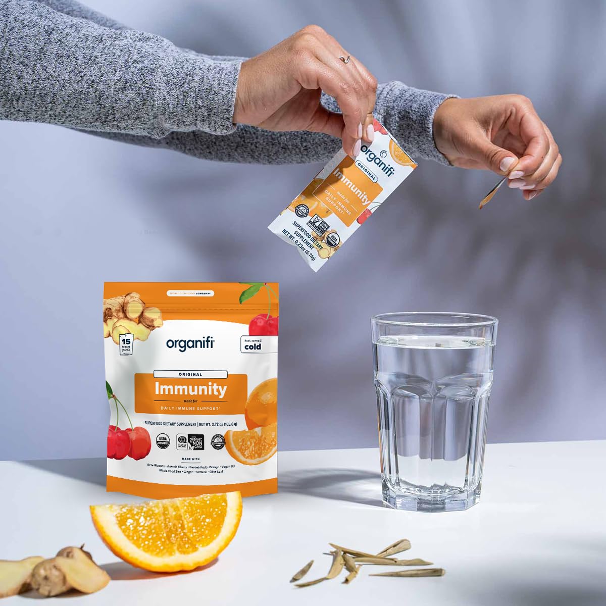 Organifi Immunity - Organic Superfood Immunity Support - 15 Single Serve Packets - Immunity Powder for T Cell Production and Upper Respiratory Health - Mushroom Beta Glucans, Vitamin C, D and Zinc