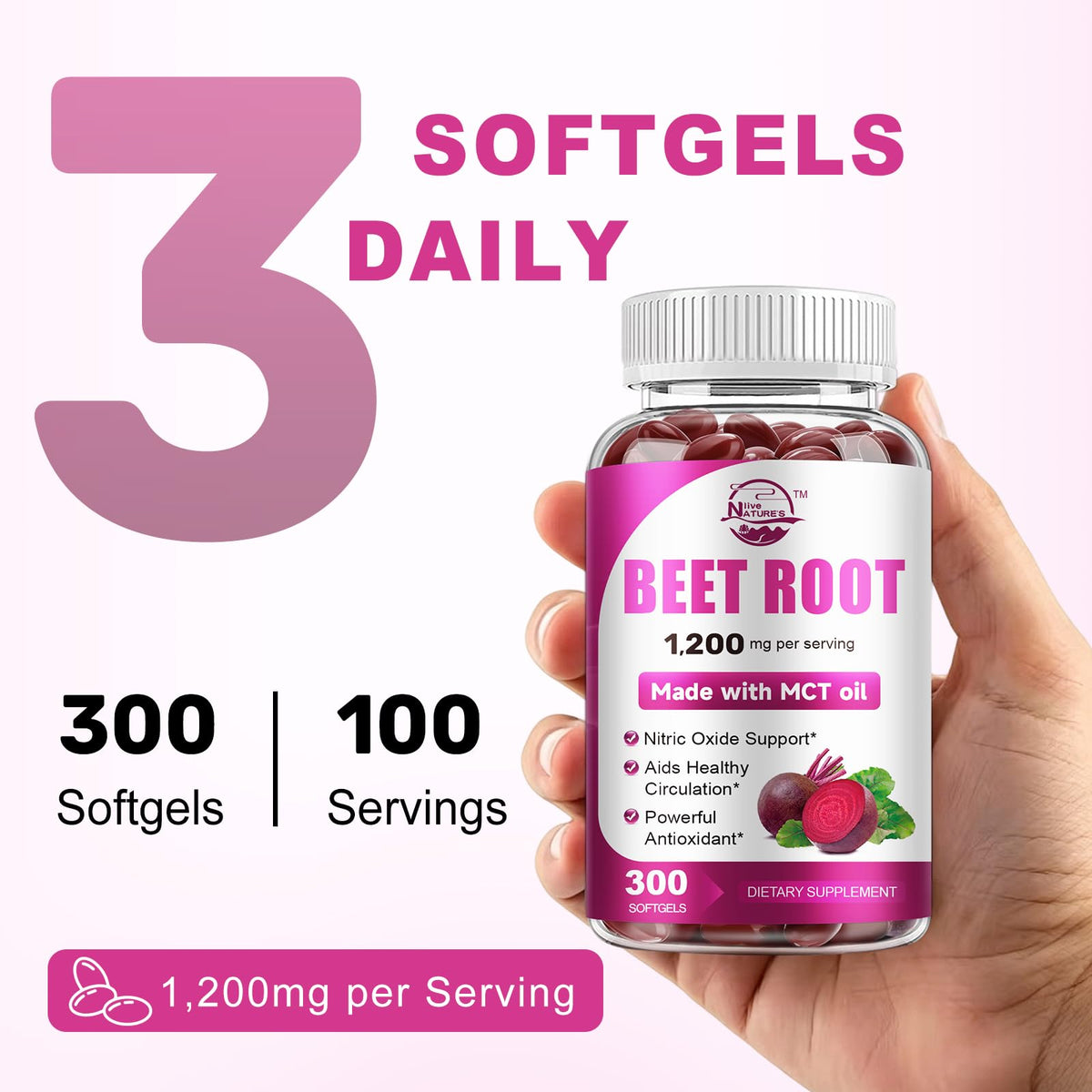 Beet Root Supplement with MCT Oil, 1200mg Max Strength per Serving, Aids Healthy Circulation & Vitality, Supports Digestive, Immune System, Super Beets Supplements, Non-GMO, 300 Softgels