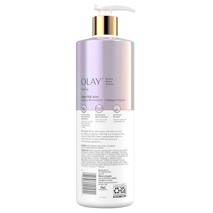 Olay Body Lotion for Women, Firming with Collagen Peptides Serum, Visibly Firmer Skin, 24hr Moisture & Hydration, Fast Absorbing Formula, Vitamin B3 Complex, For All Skin Types, 17 fl oz