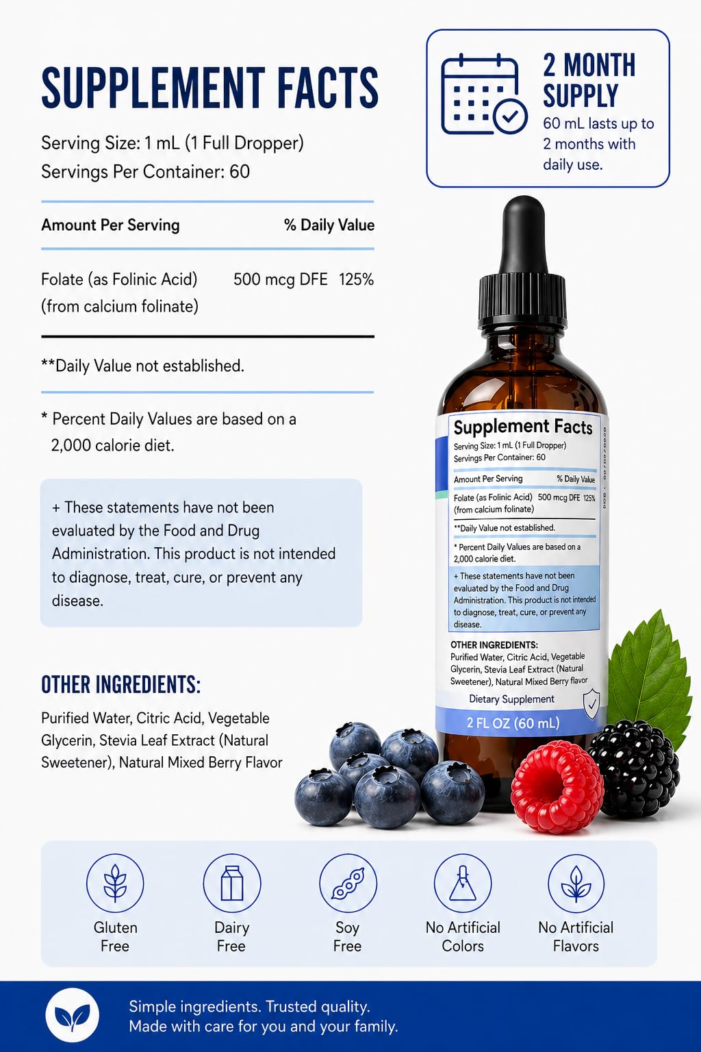 True reflectionz Folinic Acid Drops Kids & Adults - 500mcg Vitamin B9 Liquid Kids 60 mL | Methylation Support Supplement | Bioavailable Folate | Sugar Free, Non-GMO, Vegan | Gentle Methylation