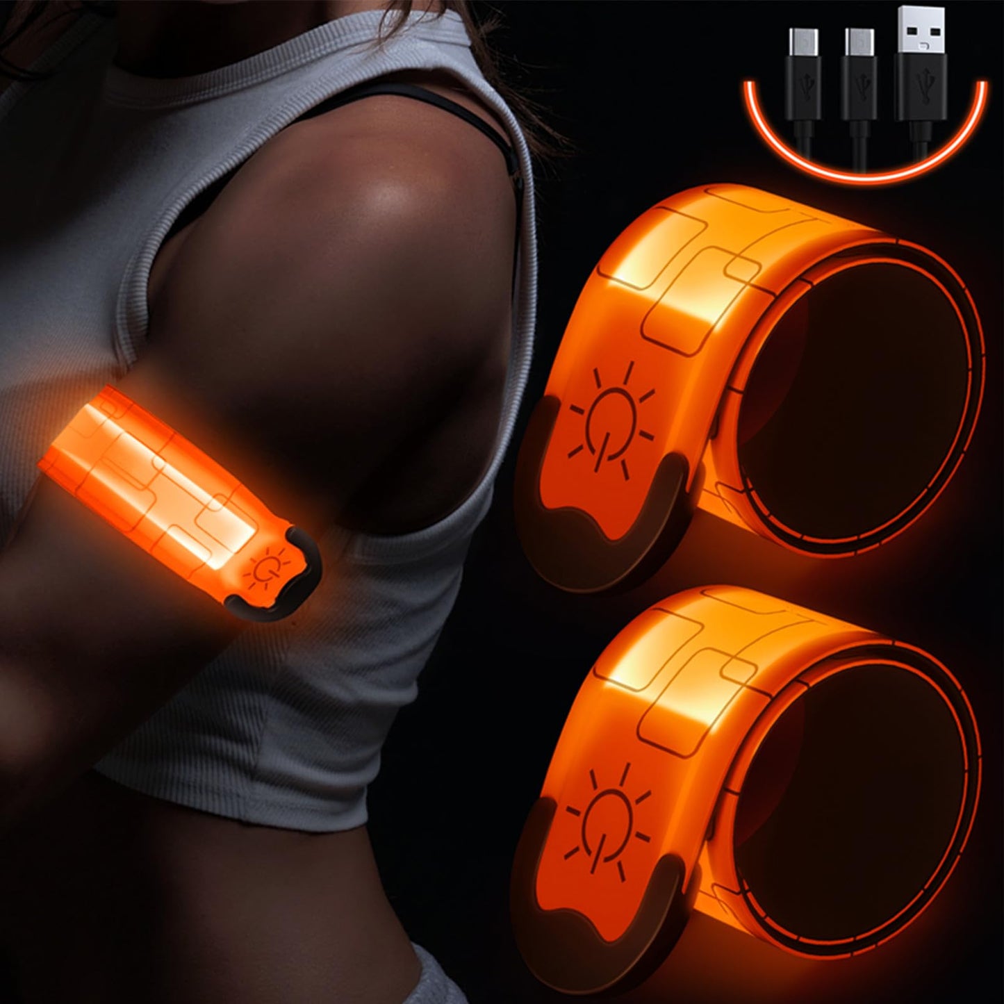 Simket LED Armbands for Running (2 Pack), USB Rechargeable Reflective Running Gear, High Visibility Light Up Bands Adjustable Running Lights for Runners Men Women Kids