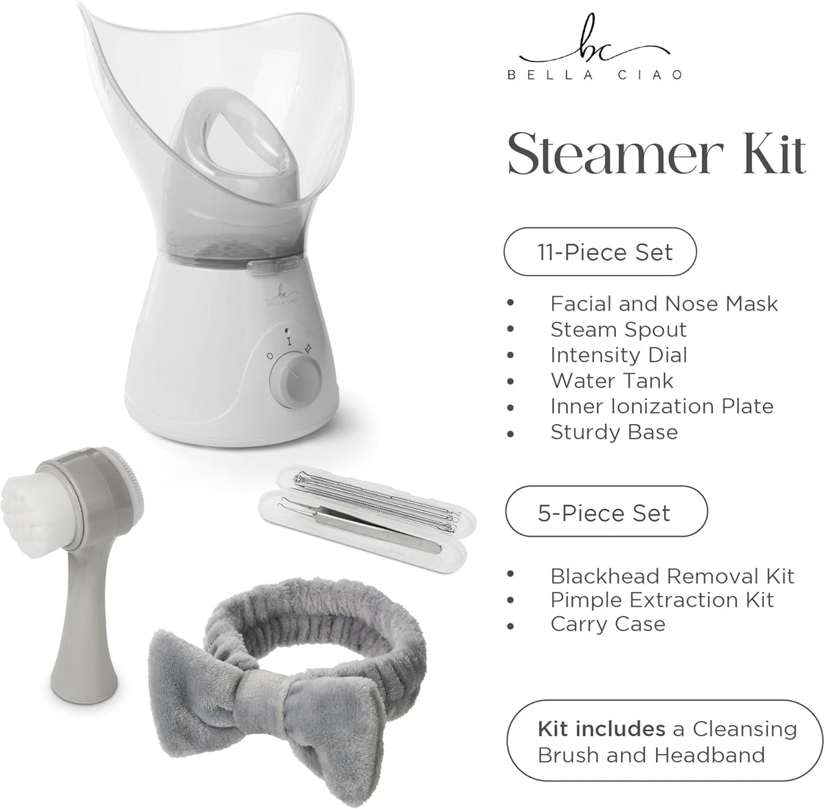 Bella Ciao 11-Piece Gentle Face Steamer Set with 2 Settings, At-Home Facial Spa Kit with Accessories, Facial Essentials, Includes Cleansing Brush and Blackhead-Remover Tools for Deep Pore Cleaning
