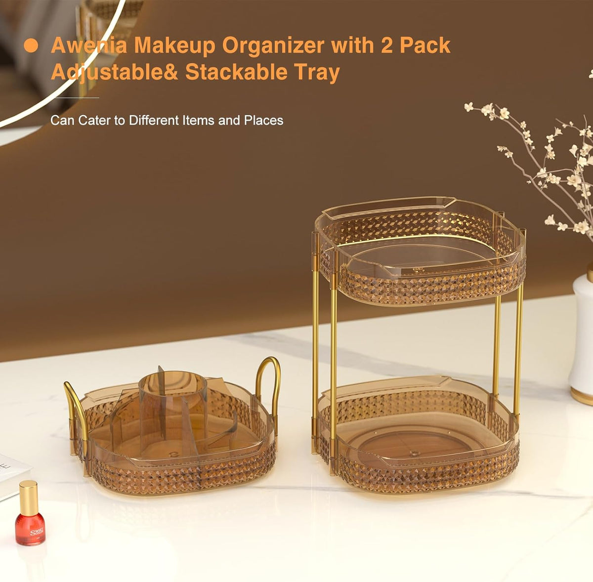 Awenia Rotating Makeup Organizer 360, Stackable Adjustable Large Capacity Cosmetic Storage Unit,Dresser Bathroom Kitchen Countertop Organizer with Metal Handle, Plus Size (Honorable Gold, 3 Tier)