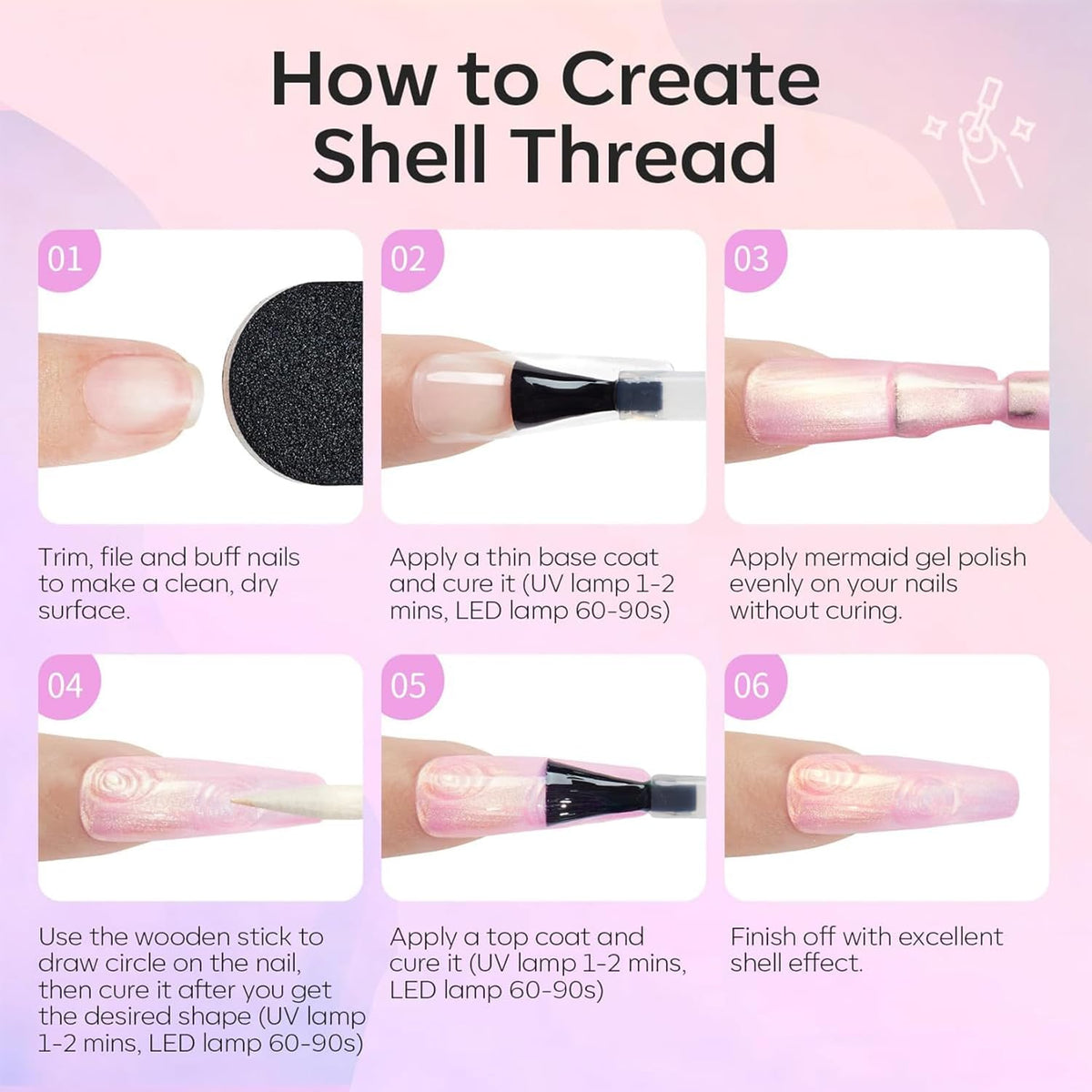 modelones Gel Nail Polish, 6 Colors Shimmer Pearl White Pink Purple Mermaid Nail Drawing Glitter Gel Polish with Dotting Pen Soak Off Led Nail Polish Swirl Shell Thread Effect Manicure DIY Gift