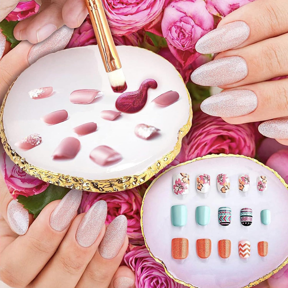 Nail Art Brush 22 Piece Set, 2 Way Acrylic Silicone Engraving Pen Dotting Pen Tools Nail Art Kit, Resin Nail Art Palette, For Nail Art DIY Home Salon Makeup Display Board (White)
