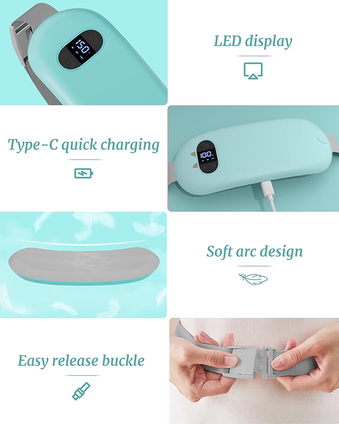 Portable Heating Pad for Cramps, Upgrade Cordless Electric Period Fast Heating Pad for Back Pain Relief Menstrual Belt 6 Heat 6 Massage Modes Gifts for Women Girls Her Girlfriend Light Blue