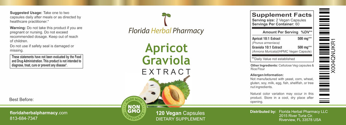 Florida Herbal Pharmacy, Apricot-Graviola Supplement Capsules 10:1 (120 Capsules), 1000 mg Serving (Pack of 1)