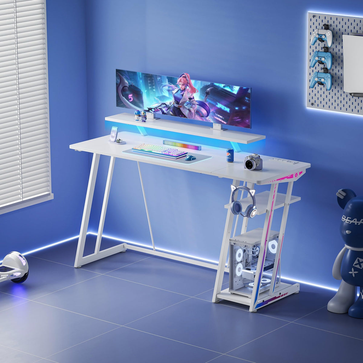 YeTom 47-inch Gaming Desk with LED Lights & Power Outlets|Carbon Fiber Gaming Table with Monitor Stand & Adjustable Storage Shelves|RGB Ergonomic Gamer Desk, Esports & Streaming, White