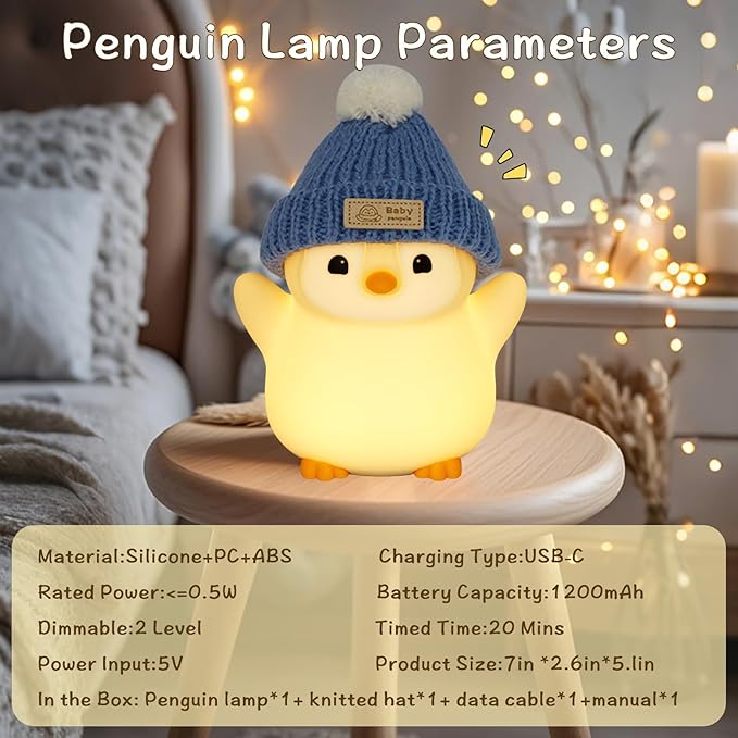 Penguin Night Light for Kids, Adorable Penguin Lamp with Hat, Food Grade Silicone Nursery Nightlight, Rechargeable/Dimmable/Timer,LED Squishy Novelty Animal Bedside Lamp,Funny Gifts for Boys
