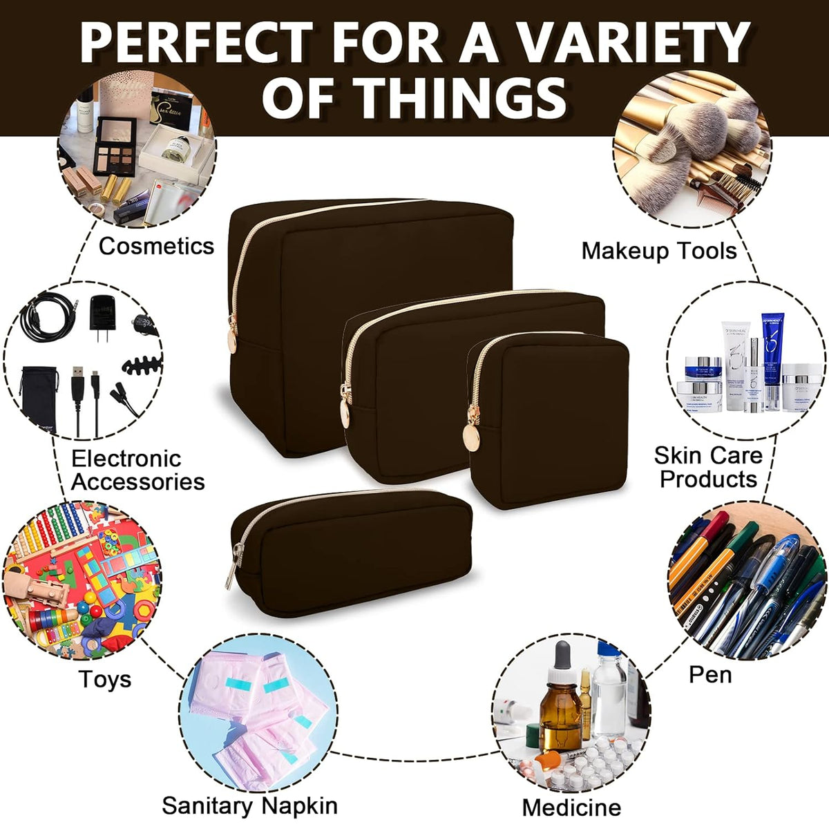 Small Pencil Case Makeup Bag for Purse, Cute Pencil Pouch Preppy Nylon Makeup Brush Bag with Zipper , Girls Portable Stationery Storage Case Small Pen Bag for Office School College(Slim-Chocolate)