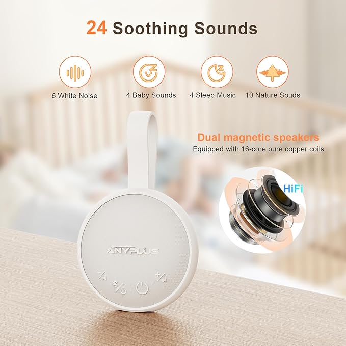 White Noise Sound Machine, Portable Sound Machine for Sleeping Adults & Baby, with Bluetooth 5.1/24 Soothing Sounds/Battery Powered/3 Timer Memory Function for Office/Bedroom/Travel(White)