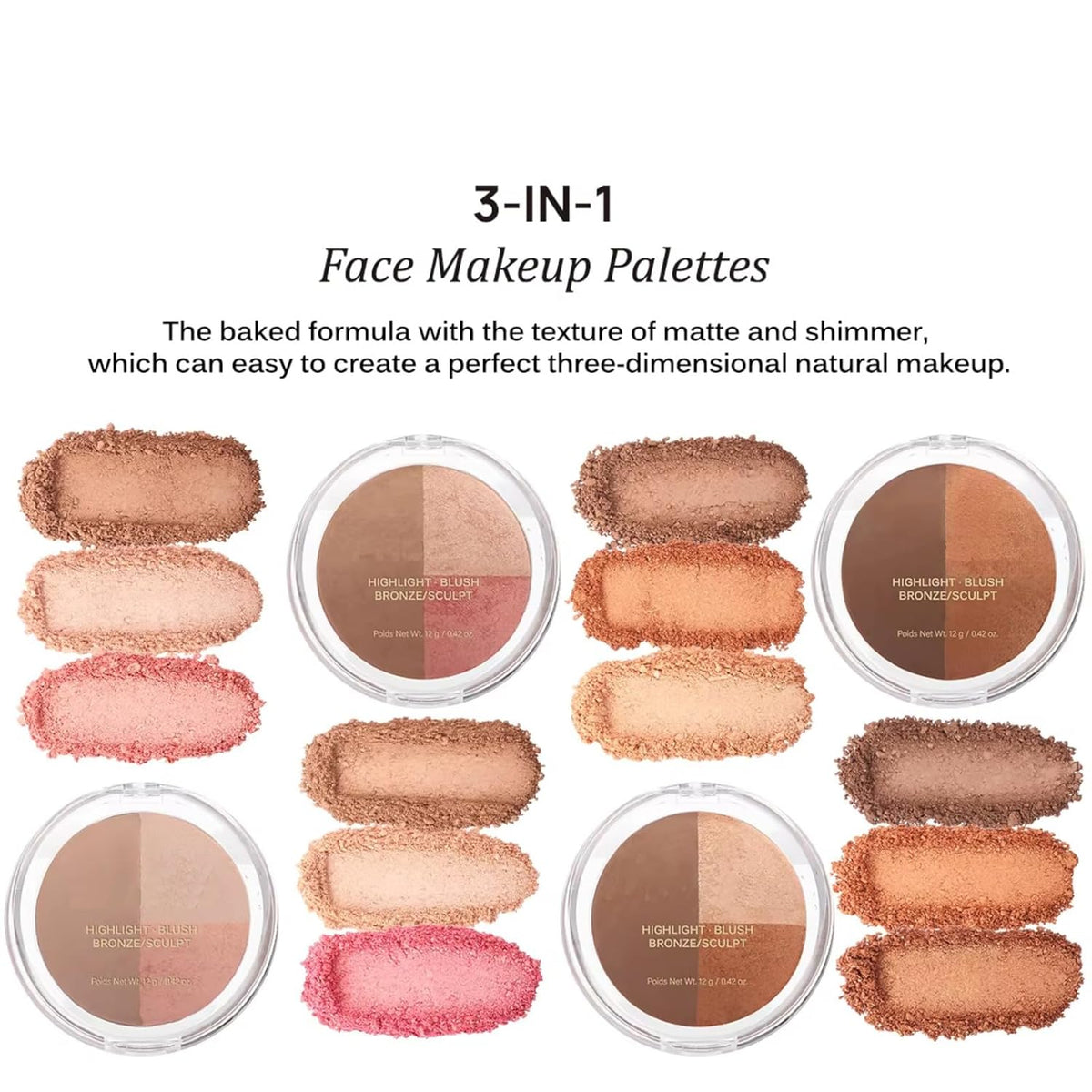 Baked Blush Highlight Bronze Powder 3-in-1 Contour Palette Sculpt Satin Silky Smooth Makeup Palettes Powder (002-Light)