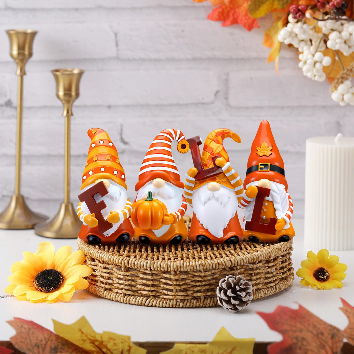 ShinyRelief 4 Pcs Fall Figurines Resin Gnome Tabletop Autumn Sculpture Decoration Maple Leaf Pumpkin Sunflower Table Centerpiece for Dining Room Home Party Supplies Gifts Decor