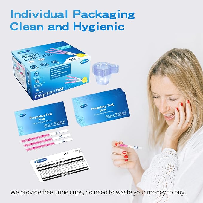 Pregnancy Tests with Cup, HEAL-CHECK Bulk Pregnancy Test Strips for Home Detection, Over 99% Accuracy, Individually Wrapped, 5mm Width HCG Test Kit, Fertility Value Pack, FSA HSA Eligible, 50 Count