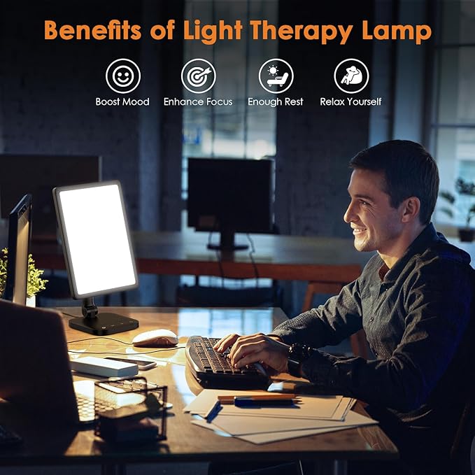 Light Therapy Lamp,UV-Free 12000 Lux Sun Lamp with Adjustable 5 Brightness & 1800-6500K Color Temperatures & 1H Timer Functions,Rotable Large Surface with One-toch MAX Brightness Sunlight Lamp