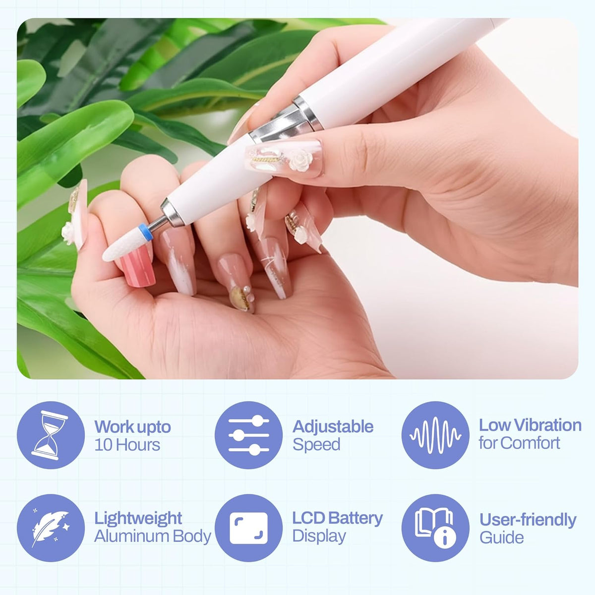 M GEM Brushless Nail Drill 35K RPM | Professional Cordless Efile Machine | Rechargeable Electric Nail File with Bits | Portable Quiet Low Vibration Tool for Acrylic, Gel, Natural Nails (Purple)